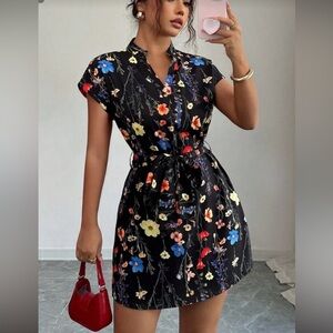 SHEIN Black Floral Tie-Waist Mini Dress with Multicolor Blooms